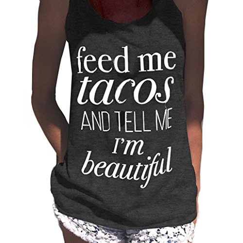 Tloowy Women Tank Tops Feed Me Tacos Shirts Funny Letter Print Tank Crop Tops Vest T-Shirt (Dark Gray, XL)