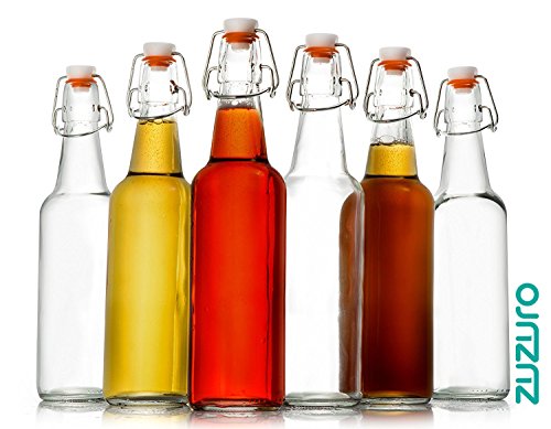 Zuzoro Glass Kombucha Bottles For Home Brewing Kombucha Kefir or Beer - 16 oz Clear Glass Grolsch Bottles case of 6 w/ Easy Swing top Cap w/ Gasket Seal Tight