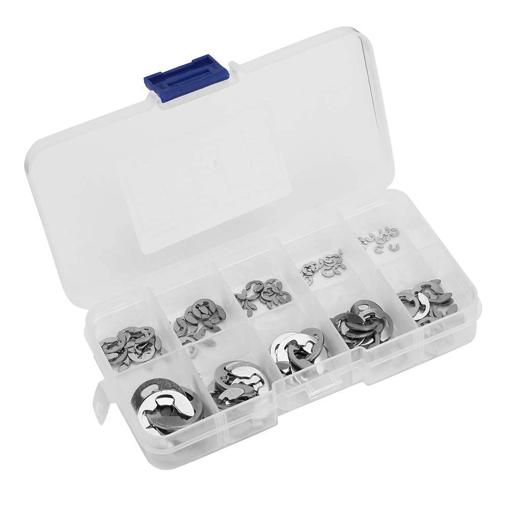 E-Clips, Stainless Steel Opening Ring Circlips Kit, 120Pcs E-Clip Retaining Snap Ring Circlip Pliers Fastener Assortment Kit with Plastic Box, 1.5mm-10mm