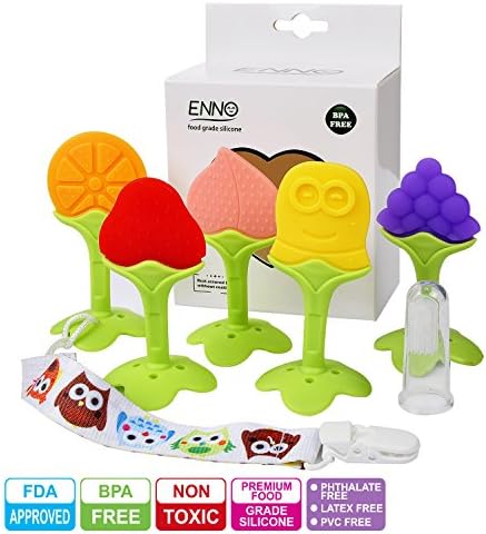 Enno Baby Teething Toys, Infant Baby Teether BPA Free Fruit Silicone Teethers with Pacifier Clip Eco Friendly and Freezer Safe, Set of 5