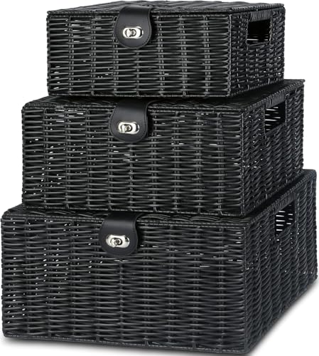 Homodoskey Set of 3 Woven Storage Basket Box Wicker Hamper Stackable Bin with Lid & Lock, Built-in Carry Handles, Organizer for Nursery, Baby Closet, Diaper, Toys, Home, Office, Laundry, DVD (Black)