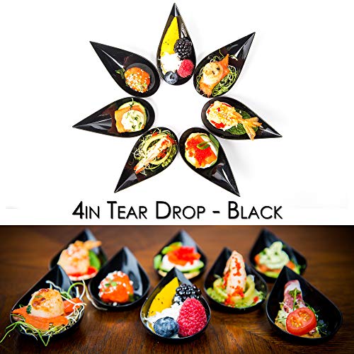 DLux 100 4-in Tear Drop Mini Appetizer Plates, Black Plastic Spoons - Desserts and Appetizers Dishes Serving Plate - Disposable Asian Spoon Set, Small Catering Dessert Tasting Cups - with Recipe Ebook