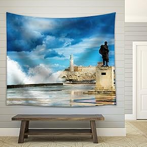 The Castle of El Morro in Old Havana Among Huge Sea Waves - Fabric Wall Tapestry Home Decor - 51x60 inches