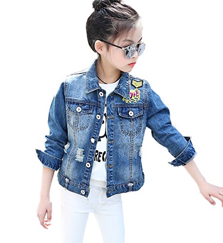 FAYALEQ Kids Girls Fashion Denim Jacket Casual Button Down Jean Outerwear Cowboy Coat (10-11 Years/Tag 160)