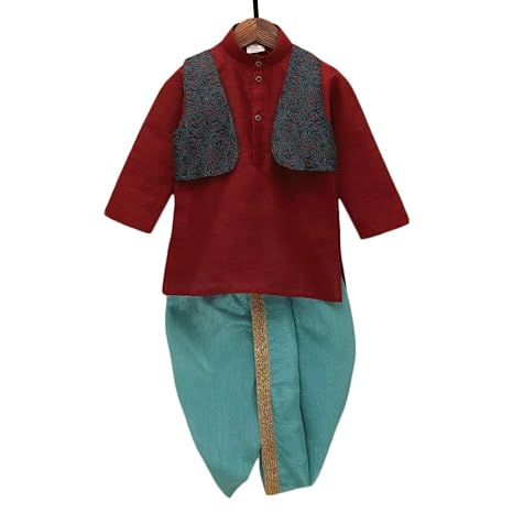Ridokidz By Hopscotch Boys Cotton Full Sleeves Dhoti Kurta With Half Jacket In Maroon Color