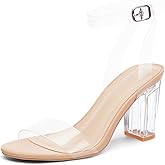 Greatonu Clear Heels Sandals for Women 2026 Open Toe Ankle Strap Clear Chunky Heels Sandal Dressy Party Wedding Shoes Transparent High Heeled Sandals