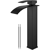 Airuida Vessel Sink Faucet Matte Black, Tall Waterfall Bathroom Faucet, Single Handle One Hole Mixer Bowl Tap with Large Rectangular Spout, Bar Sink Faucet Lavatory Vanity