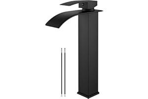 Airuida Vessel Sink Faucet Matte Black, Tall Waterfall Bathroom Faucet, Single Handle One Hole Mixer Bowl Tap with Large Rectangular Spout, Bar Sink Faucet Lavatory Vanity
