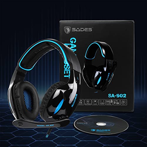 SADES SA902 Stereo Gaming Headset 7.1 USB Surround Sound PC Headsets Over-Ear Gaming Headphones with Microphone LED Light Black Blue