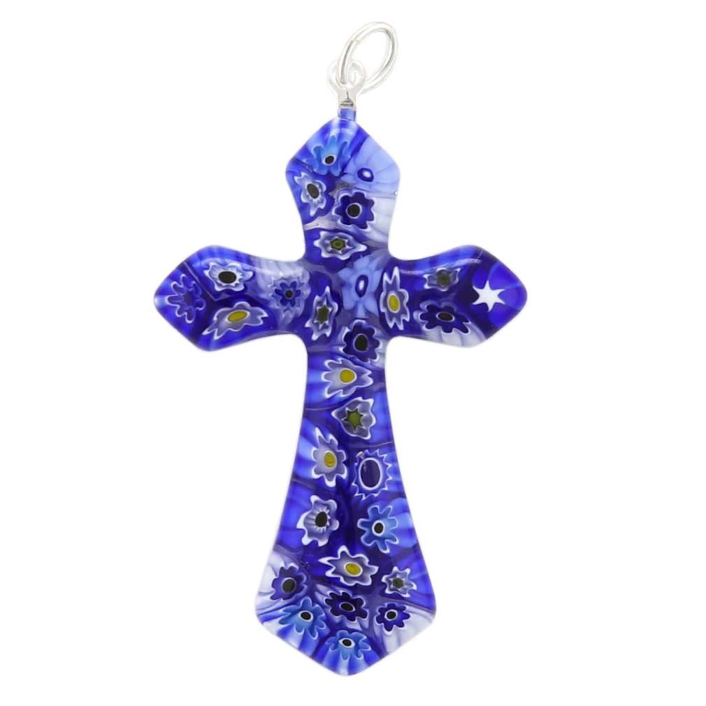 Glass Of Venice Murano Glass Blue Millefiori Elegant Cross Pendant