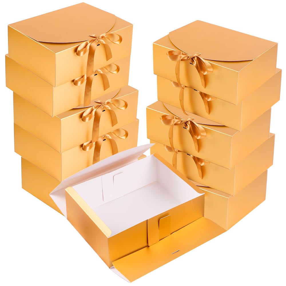 Photo 1 of 10 Pack Gift Boxes with Ribbon 10x7.5x3.5 Inch - Cardstock Wedding Favor Boxes for Bridesmaid Proposals, Birthday & Holiday Gift Packaging (Gold)