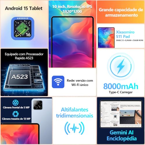 Tablet Xixaomiro S11 Pad 10.1" Android 15, 256GB ROM + 20GB RAM, Tela 120Hz, Octa-Core, Câmera 13MP + 5MP, Bateria 8000mAh, Kit com Teclado, Mouse e Caneta Stylus para Trabalho e Estudos (Azul)