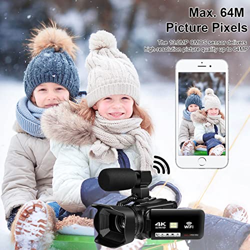 Video Camera Camcorder 4K, Auto Focus 64MP 60FPS 18X Digital Zoom Vlogging Camera For YouTube