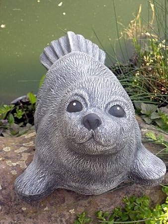 Steinfigur Seehund groß Schiefergrau, Deko Figur Teich Garten Stein frostsicher
