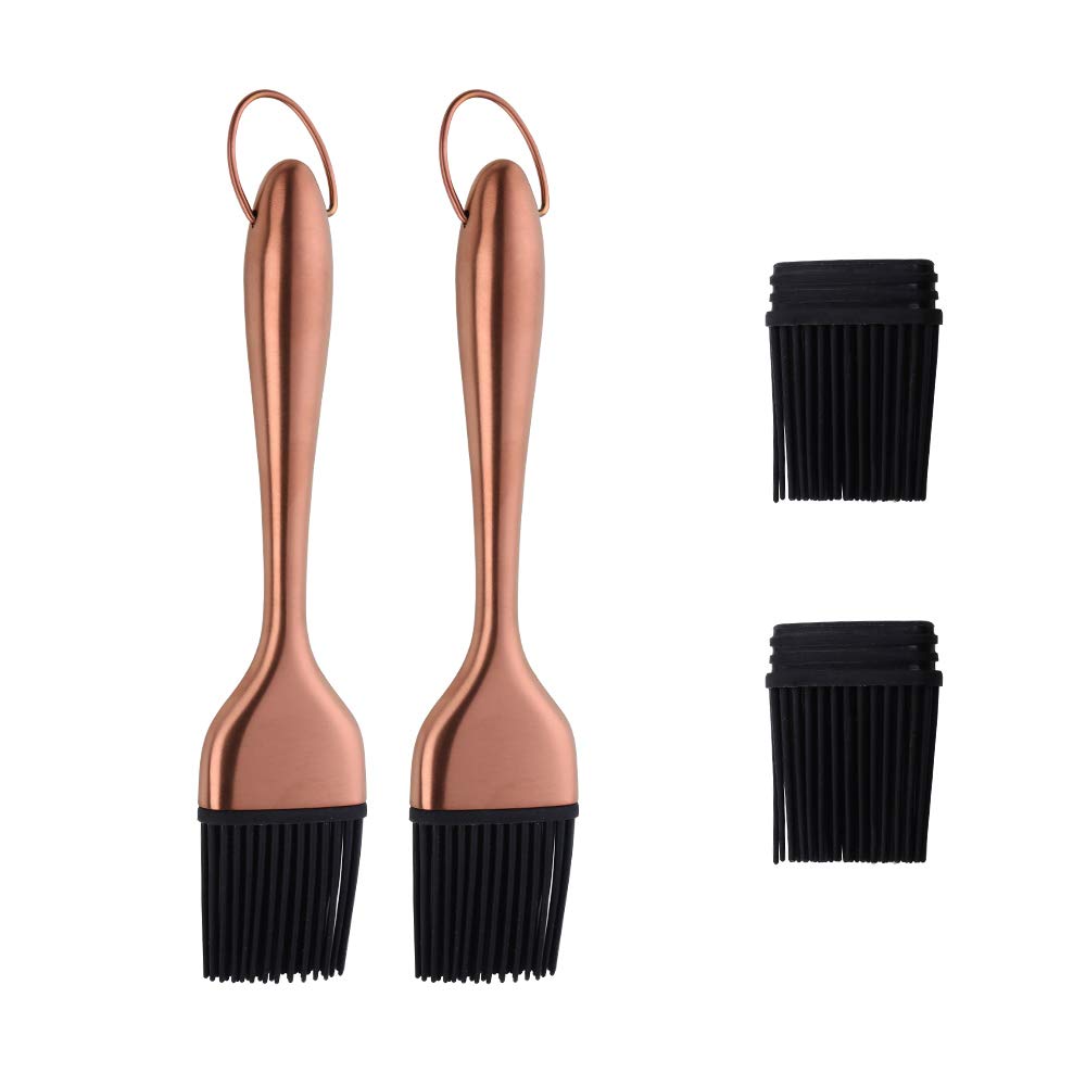 2 Pack Basting Brush with 2 Pack Back Up Silicone Brush Heads, No Shed Bristles Stainless Steel Handles Heatproof Rust Resistant, Pastry Brushes for Kitchen Cooking BBQ,Dishwasher Safe Rose Gold