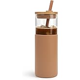 Tronco® 24 oz Glass Tumbler with Lids and Straw, Reusable Iced Coffee Cup & Smoothie Cup with Bamboo Lid, Silicone Sleeve, Dishwasher Safe, BPA-Free Borosilicate Glass, 1 Pack