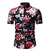 Men’s Casual Flower Print Short Sleeve T-Shirt Tops, Turn-Down Collar Button-Down Beach Hawaiian Style Blouse Tee Shirt (Black, L)thumb 3