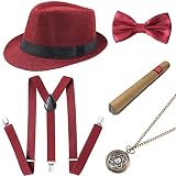BABEYOND 1920s Mens Gatsby Costume Accessories Set 30s Panama Hat Elastic Y-Back Suspender Pre Tied Bow Tie Pocket Watch and Plastic Cigar (Red Set