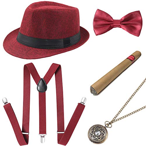 BABEYOND 1920s Mens Gatsby Costume Accessories Set 30s Panama Hat Elastic Y-Back Suspender Pre Tied Bow Tie Pocket Watch and Plastic Cigar (Red Set