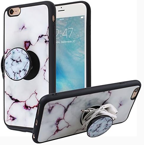 iPhone 6 Plus Case, Marble Stone Texture Slim Hybrid Hard Back [POP UP KickStand] + Soft TPU Bumper Protective Durable Case iPhone 6s Plus (White 3)