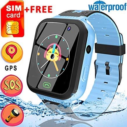 2019 Upgrade Kids Smart Watch Phone [Free SIM Card] GPS Tracker Watch-Waterproof 1.44" Touch Screen Kids Wristwatch with Anti-Lost SOS Voice Chat Flashlight Learning Games Toy for 4-12 Years Boy Girl