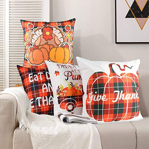 Johouse Thanksgiving Pillow Covers, 4PCS Fall Throw Pillow Covers Pumpkin Buffalo Plaid Throw Pillow Case Autumn Pillow Covers for Autumn Farm Decoration, 18×18inch