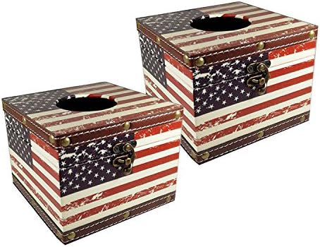 Fifriver American Flag Tissue Box Cover Tissue Holder Rectangular/Square for Bathroom Bedroom Night Stands Desks Tables Car Office Home Decor Kitchen (2 Square)