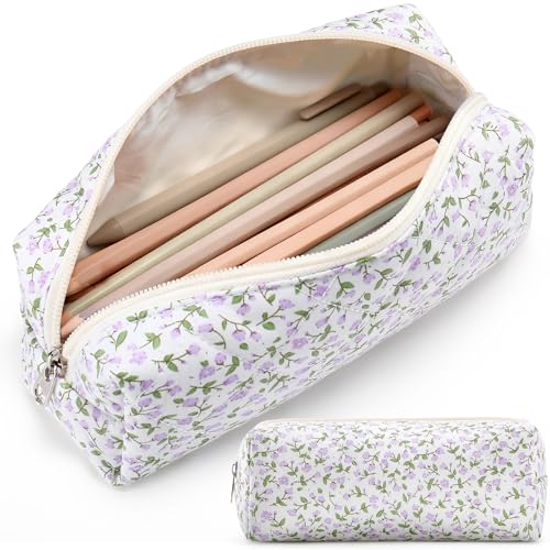 Paterr Aesthetic Floral Makeup Bag Travel Cosmetic Bag for Women Gift Christmas Portable Quilted Makeup Pouch Cotton Pencil Case Kawaii Cute Toiletry Organizer Case for Women Girls(Purple Floral)