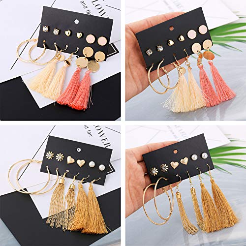 WAINIS 23-44 Pairs Assorted Multiple Stud Hoop Dangle Earrings Set Women Girls Acrylic Round Ball CZ Bohemian Long Tassel Drop Earrings Pack