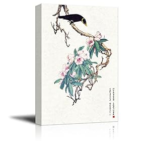 Canvas Wall Art - Blooming Flowers and Bird in Spring - Giclee Print Gallery Wrap Modern Home Art Ready to Hang - 12x18 inches