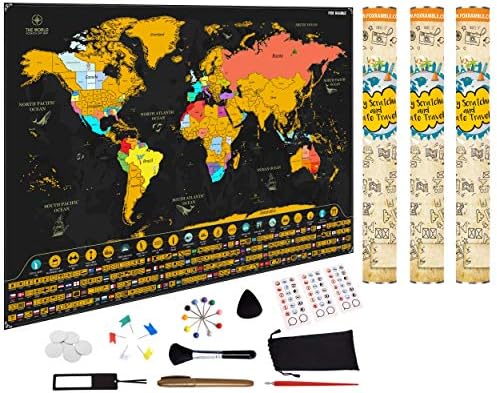 Fox Ramble 3-Pack Scratch Off World Map - Enjoy, Track and Share Your Adventures. Large Scratch Travel Poster 17x24, Printed with Flags, Landmarks and Wonders. Best Gift Idea for Travelers
