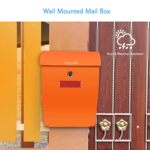 Modern Wall Mount Locking Mailbox - Indoor Outdoor Universal Vertical Mounted Mail box - ABS Plastic Large Capacity Home / Office Business Drop Slot with Secure Lock Keys - Serenelife SLMAB35 (Orange)