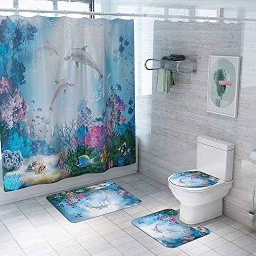 NIHAI 1Pc/3Pcs /4PCS Coral Dolphin Shower Curtain Set, Bathroom Mats Set Non-Slip Rug Carpet Toilet Polyester Cover Absorbent Mat Shower Curtain (A)