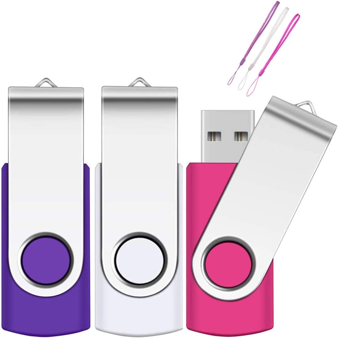 Memory Stick 64GB 3 Pack USB 2.0 Thumb Drive Swivel Design Pen Drive Fold Computer Storage (White/Pink/Purple)