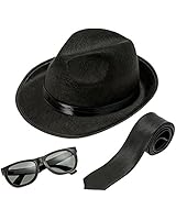 NJ Novelty - Fedora Gangster Hat, Black Pinched Hat Costume Accessory + White Band (Black Hat, Black Tie &amp; Glasses)
