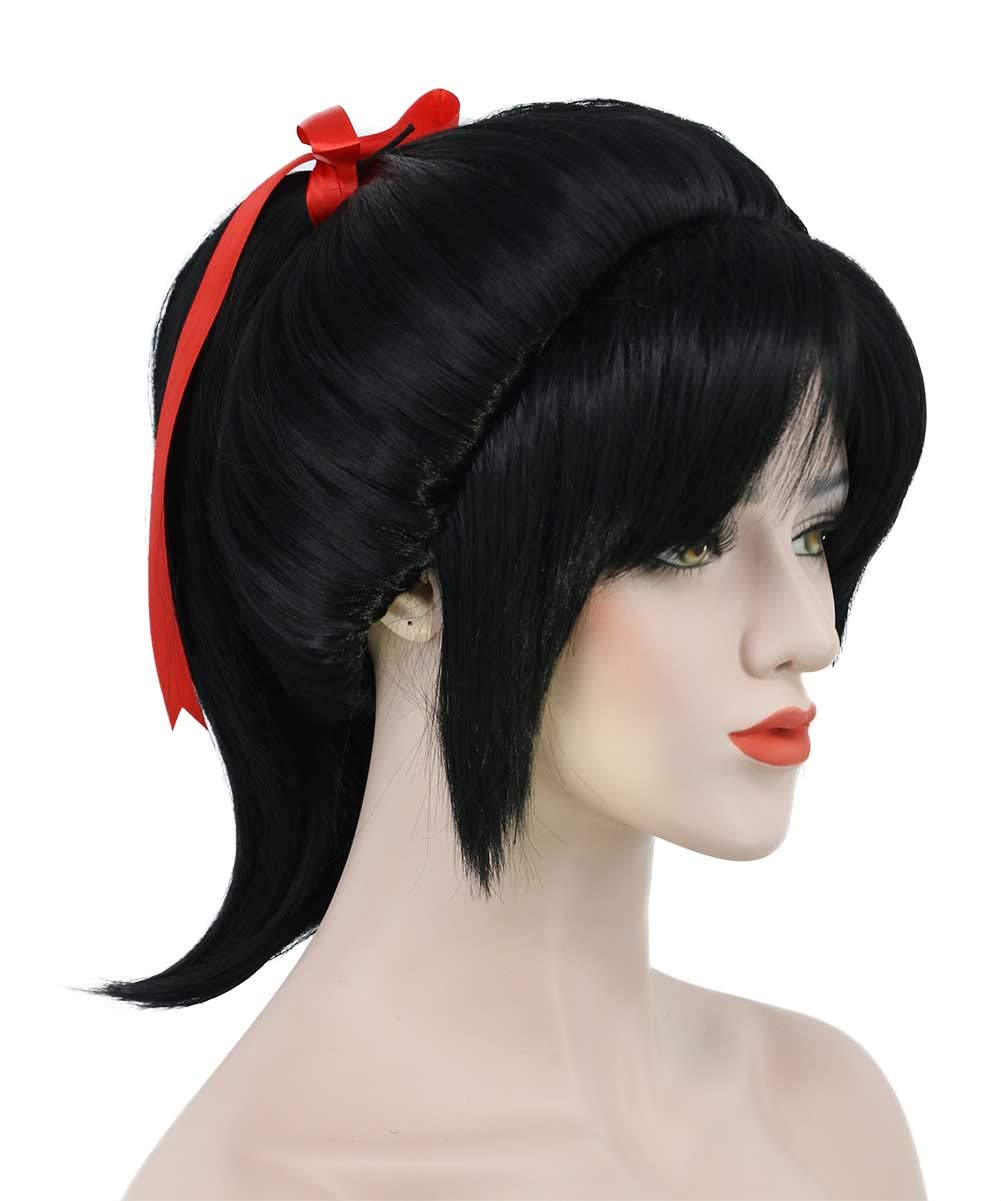 Karlery Women's Short Wave Braided Black Ponytail Red Ribbon Wig Anime Party Wig Cosplay Halloween