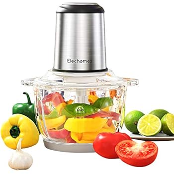 Electric Food Chopper & Meat Processor, Elechomes High Capacity 8-Cup BPA-Free Glass Bowl Blender Grinders for Onion Nuts, Clear Food Processing, 4 Detachable Dual Layer S-Blades with Protector, Stainless Steel Body, Free Bottom Anti-Slip Mat