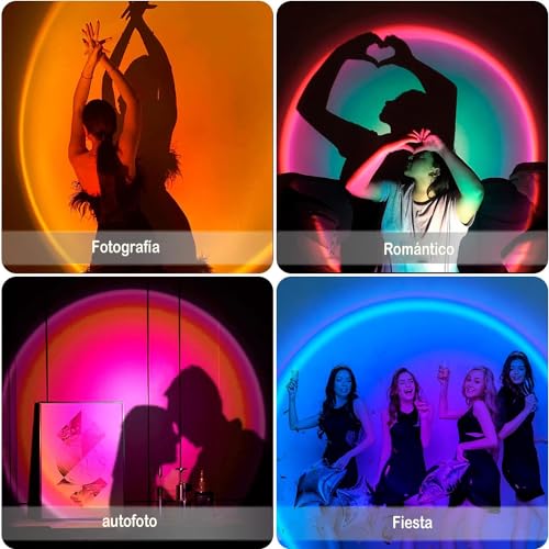 Miortior Lampara Sunset, Lampara Atardecer de Proyección de 16 Colores, 4 Modos, Rotación de 180° y Control Remoto, Luz de la Atmósfera del Sunset para Selfies, Fotografía, Decoración, Dormitorio