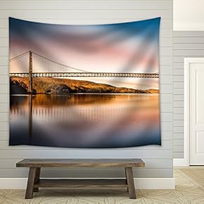 Bear Mountain Bridge After Sunset. Bear Mountain Bridge is a Toll Suspension Bridge in New York State - Fabric Wall Tapestry Home Decor - 51x60 inches
