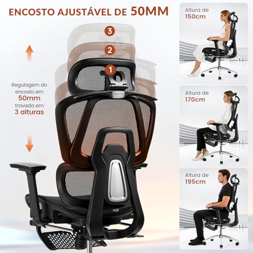 Cadeira Ergonomica,Cadeira Escritorio FivDaily L780, Giratória Reclinável 145°, Encosto Elevável Ajustável, Lombar Flutuante, Cabeça 8D, Braços 5D, Base Aço, Apoio para Pés para Home Office (Preto)