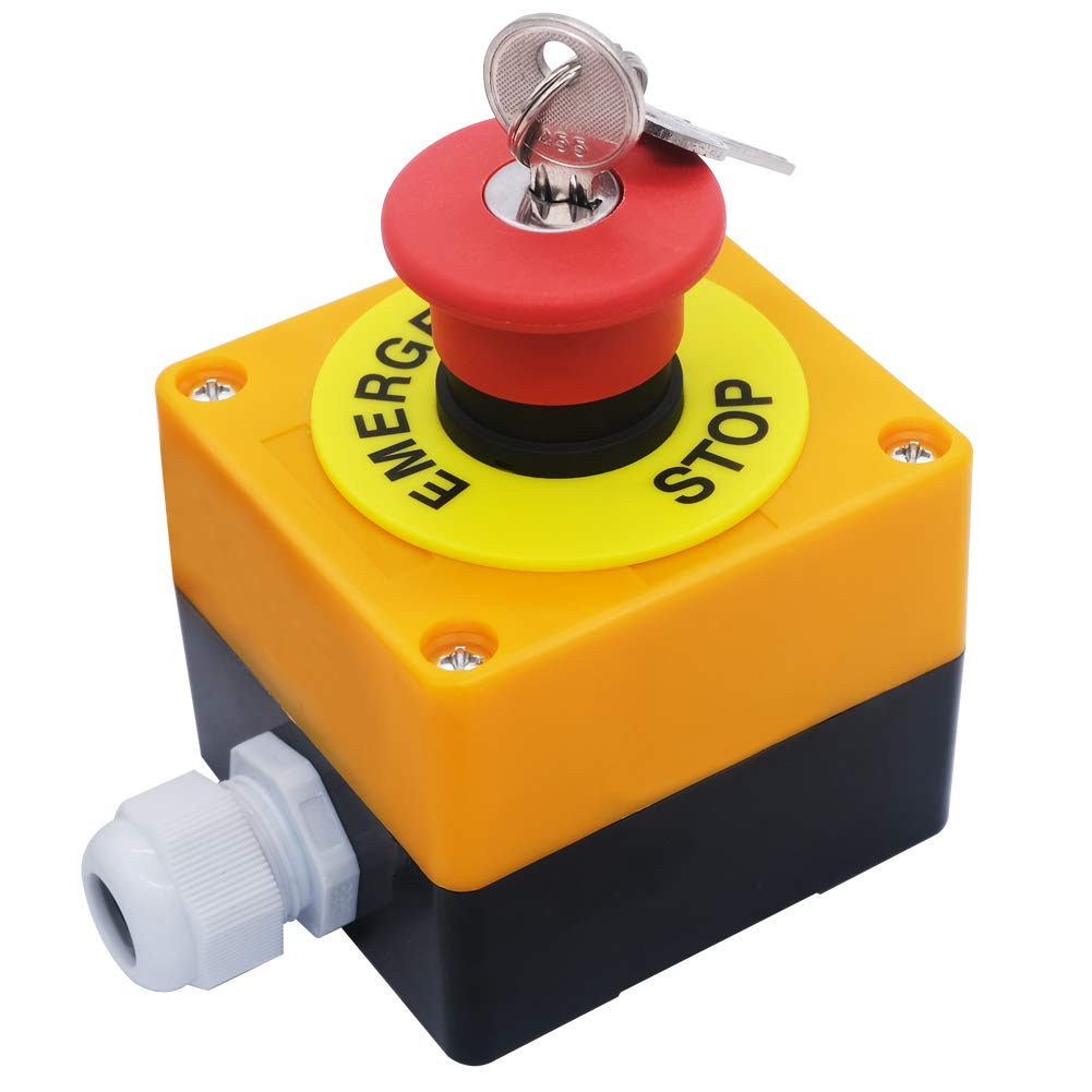 mxuteuk 1NC Red Mushroom Switch Station Box 22mm Red Mushroom Emergency Stop Push Button Switch Key Reset AC 660V 10A Switch Station Box，1 Years Warranty HB2-ES142-BOX-Y