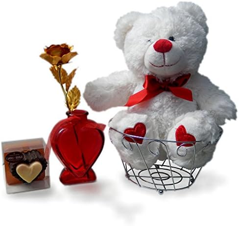 Valentines Day Gift Set for Her: Gold Foil Rose, Heart shaped Red Vase, 11" Teddy Bear, Scented Candles (2) Chocolate Truffle Style, Red I LOVE YOU Heart Pillow - Love Gifts for Wife, Girlfriend, Mom