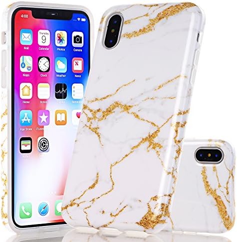 iPhone X Marble Case, Wastou Marble Pattern Slim Fit Soft Flexible TPU Matte Silicone Protective Phone Cover [Support Wireless Charging] for Apple iPhone X (2017) (White Sparkle Gold)