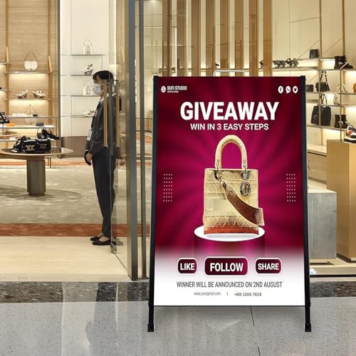 A Frame Sign Double-Sided, Folding Sandwich Board, Heavy Duty Slide-in Sidewalk Signboard, Metal Pavement sign(Frame only)), Black 60 * 90 * 105Cm