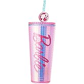 MINISO Barbie Travel Tumbler 26 oz Studded Cup with Lid and Straw Vacuum Insulated Water Bottle Holder Compatible BPA-Free Fashionable Plastic Cup for girls and kids| Car School Home Party Pink