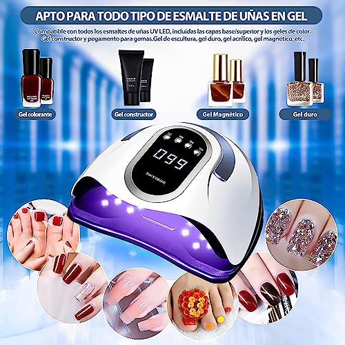 Lámpara de Uñas, UV/LED Secador de Uñas de 280W, 66 luces Fototerapia de Uñas Máquina con 4 Ajustes de Temporizador y Pantalla LCD, con Sensor Automático, lámpara de gel de curado portátil más rápido