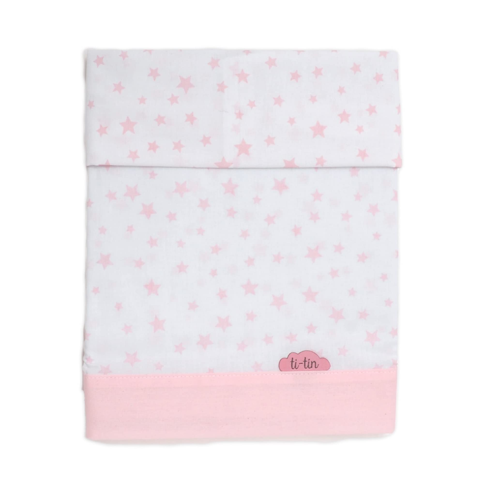 Ti TIN 3-Piece Bed Set Duvet Cover for Baby Cot, 50 x 80 cm, Duvet Cover + Fitted Sheet with Elastic Band + Pillowcase, 100% Cotton Poplin for Cot, Stars Motif, Pink