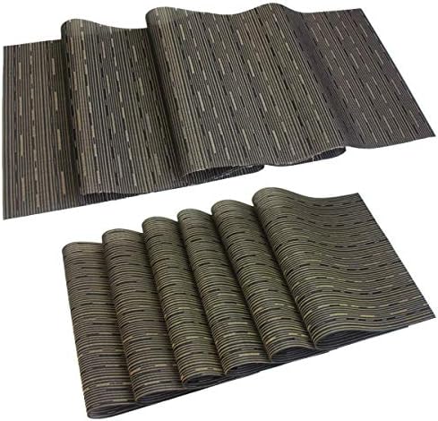Pigchcy Placemat Matching with Table Runner,Cross-Weave Heat Resistant Placemat Washable Table Mats Sets(6pcs Placemats + 1 Table Runner, Black Gold)