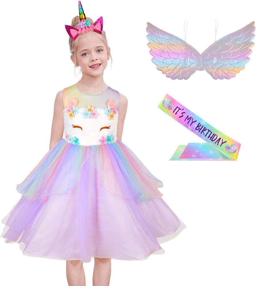 Unicorn Dress for Girls Birthday Party Dress Unicorn Costume Tutu Princess Dress Outfit with Headband, Wings, Sash