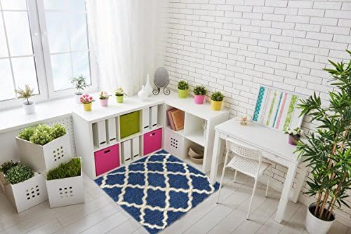 Shag Area Rug, Contemporary Trellis Design, Anti-Bacterial, Olefin Fiber, 39-Inch-by-39-Inch Square (3x3), Navy Blue